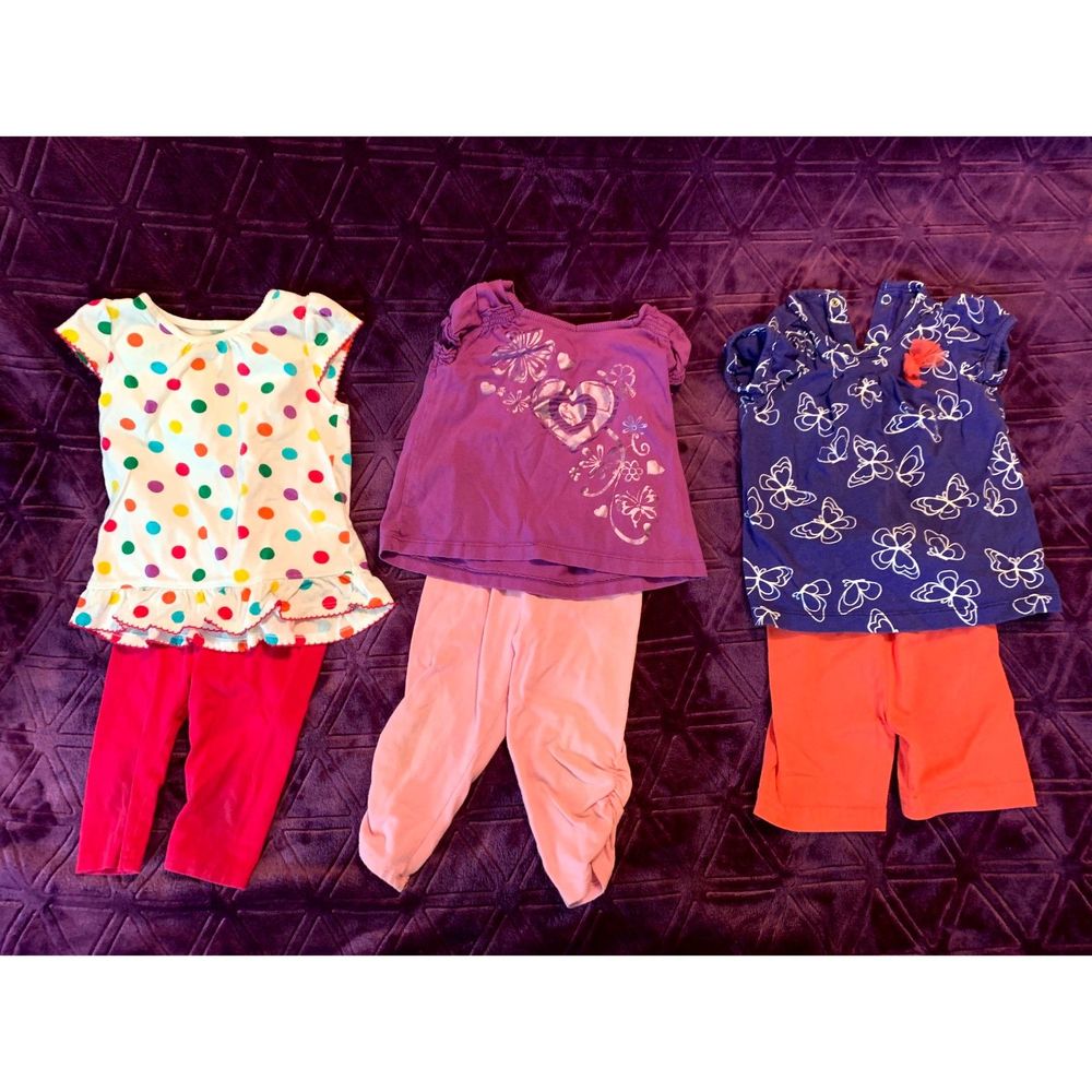 LOT of SIX 12 month girls - 3 short-sleeve tops, 2 leggings, 1 shorts